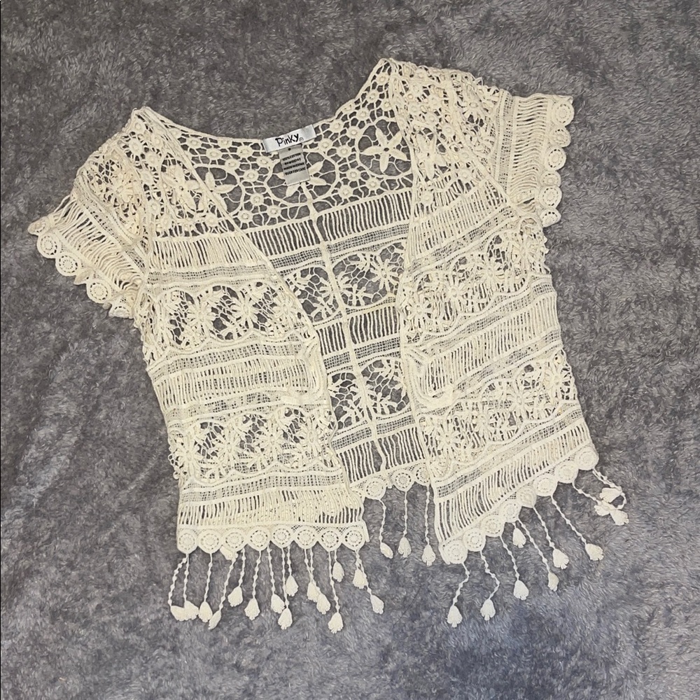 Boho Crochet Lace Kimono Cardigan | Pinky | 100% Cotton Cream Open Front Crop To